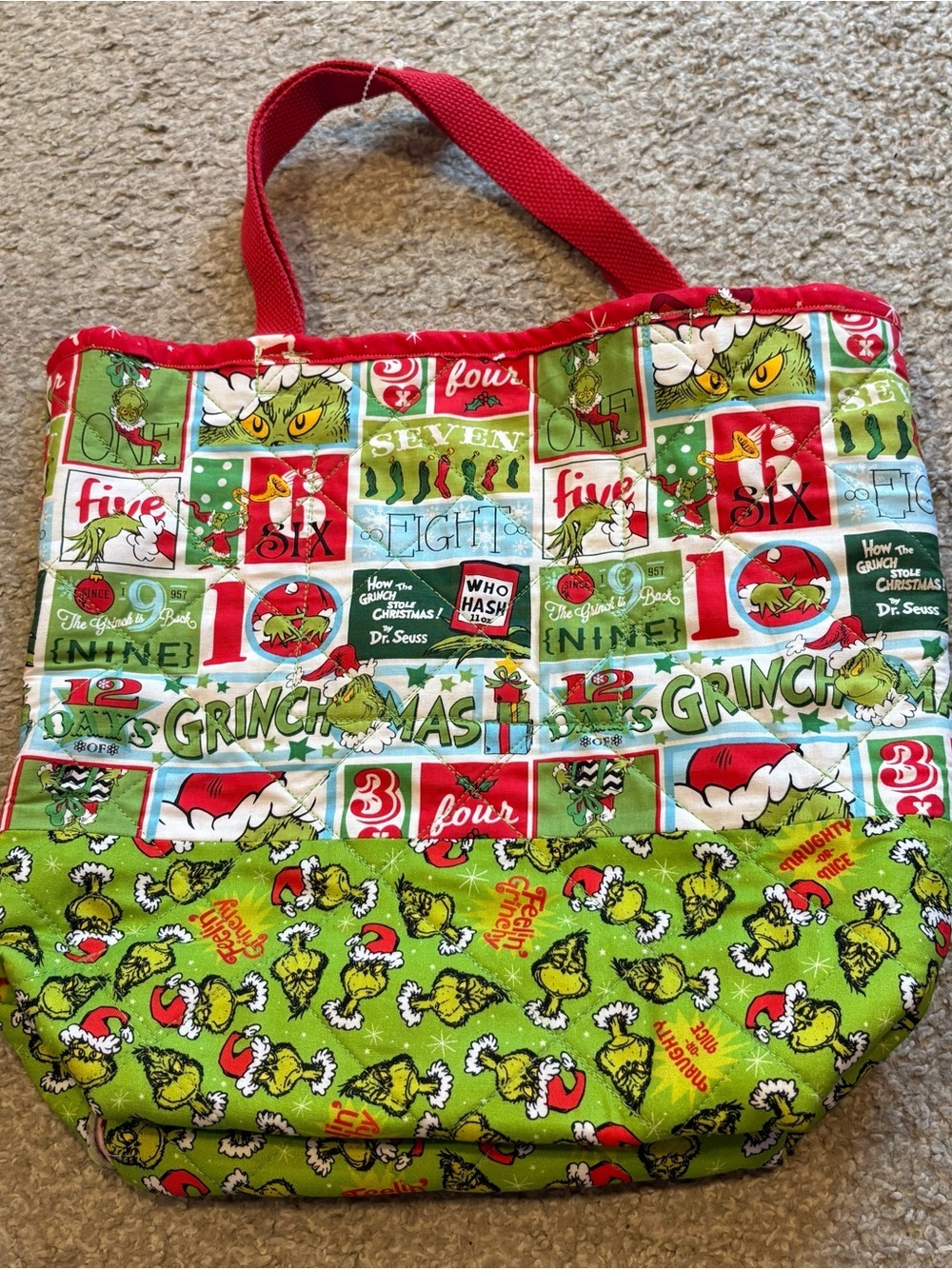 Grinch 12 Days of Christmas Patchwork Cloth Tote Bag Purse Green